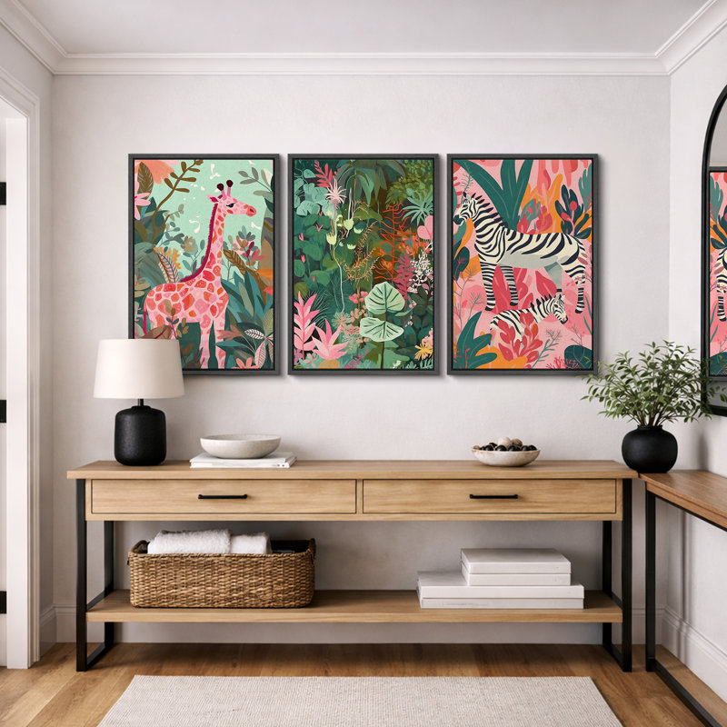 «Bright Preppy Animals» Dreamy Safari, rose, vert, animal, œuvre d'art, H 24 po x l 48 po, Cadre flottant noir