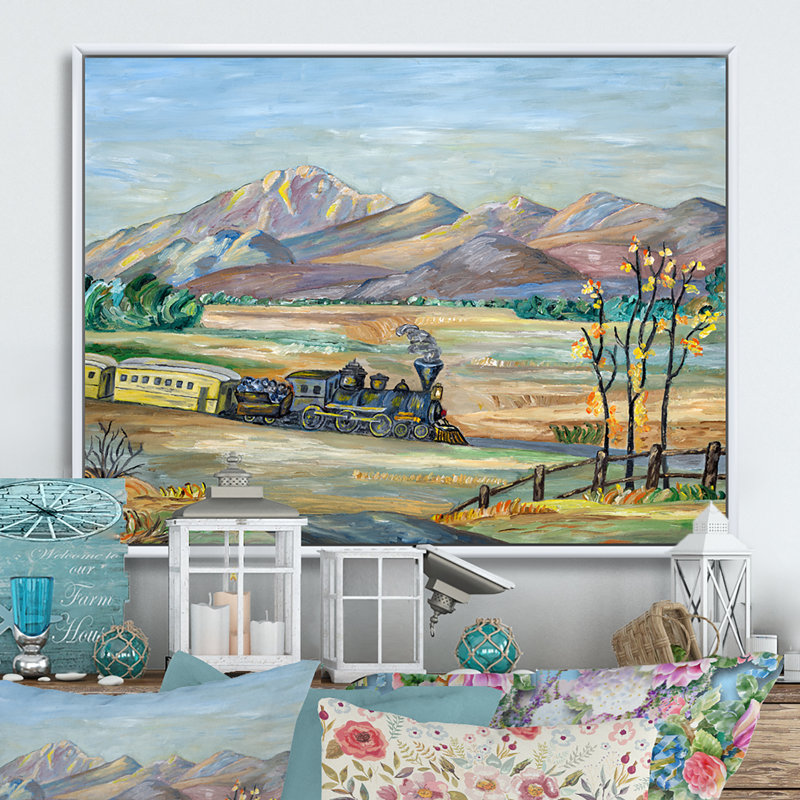 Train en mouvement à travers la campagne - reproduction sur toile, H 16 po x l 32 po x P 1 po, Cadre flottant blanc