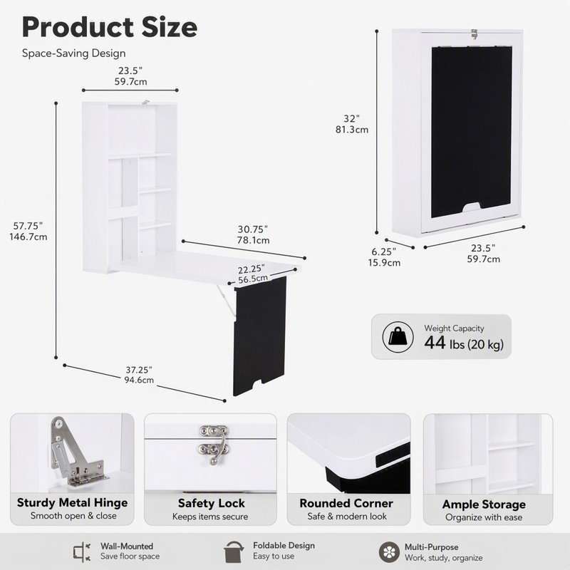 Bureau mural pliable et convertible, meuble de rangement mural multifonctionnel avec étagères et tableau noir, poste de travail gain de place pour la maison, blanc