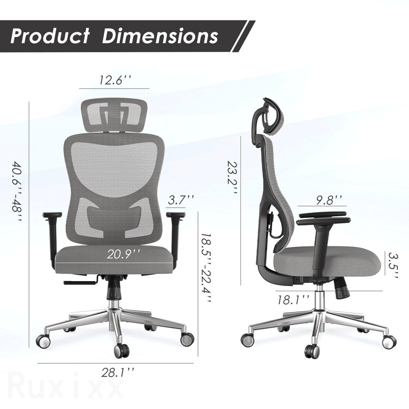 Black & Gray Ergonomic Office Chair, Mesh Desk Chair, With Adjustable Lumbar Support And Headrest, Comfy Computer Chair, 3d Armrest Recling Swivel Chair For Home Office Study Room