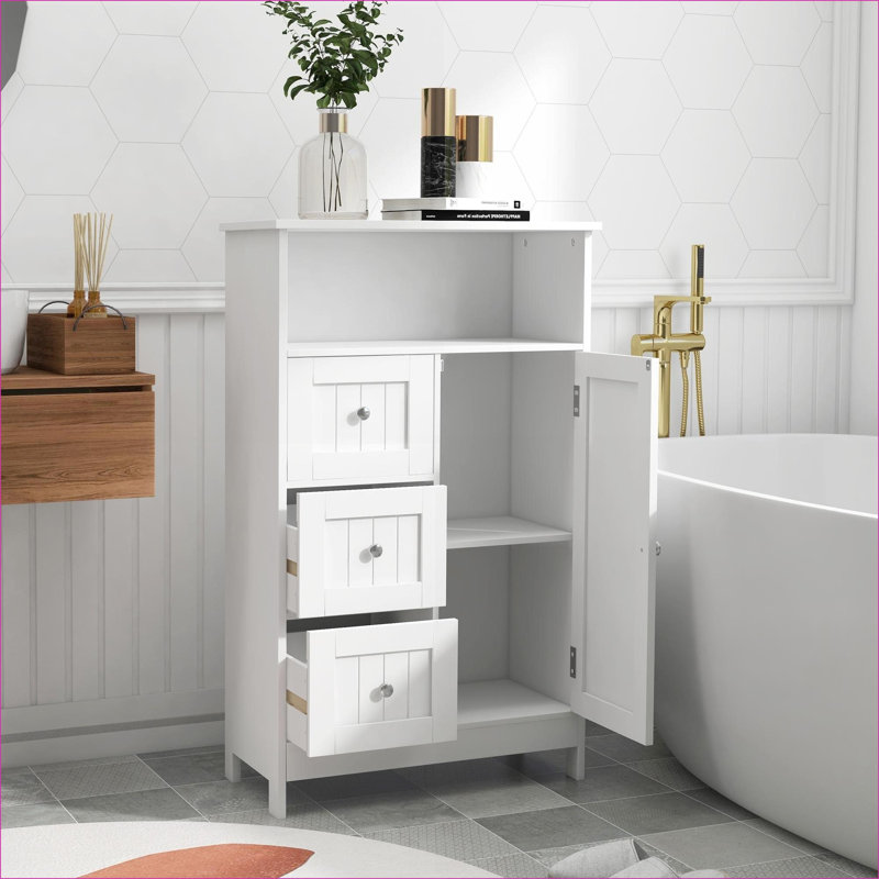 Cabinets with 3 Drawers &amp; 1 Door Standing Storage for Bathroom, Modern Off-White | MDF | Modern