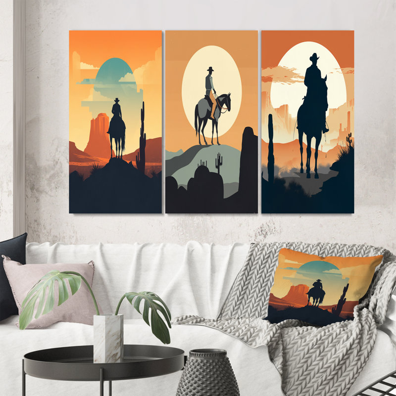«Minimalistic Cowboy», 3 pièces sur toile, H 20 po x l 36 po, Toile tendue