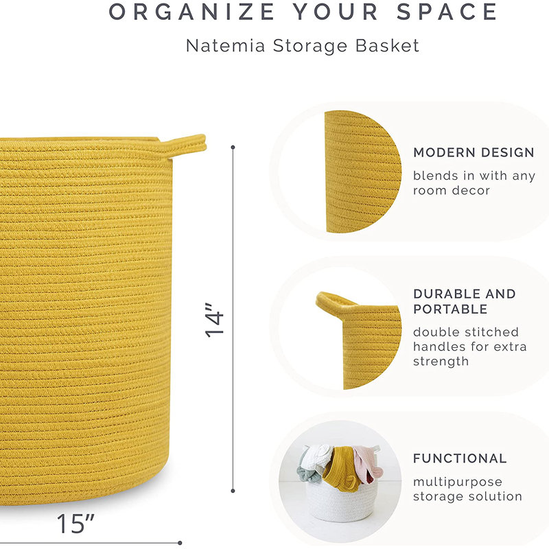 Panier à linge en coton, Jaune, H 14 po x l 15 po x P 15 po