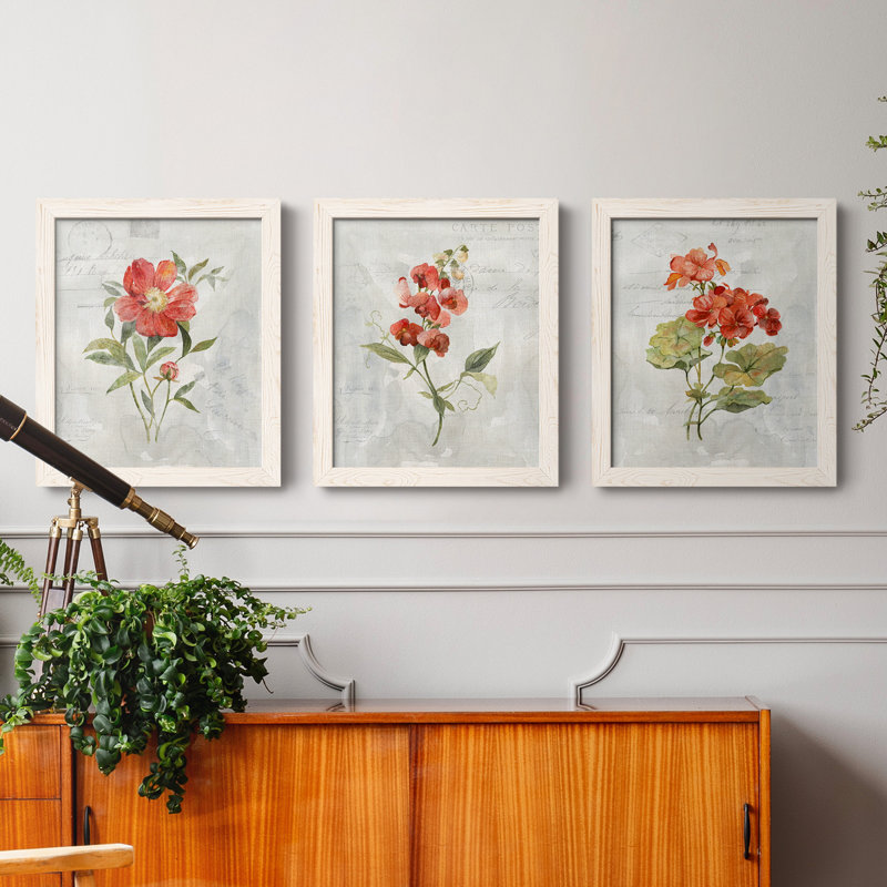 Lin géranium - ensemble de 3 impressions sur toile encadrées, H 37,5 po x l 82,5 po x P 1,5 po, Blanc