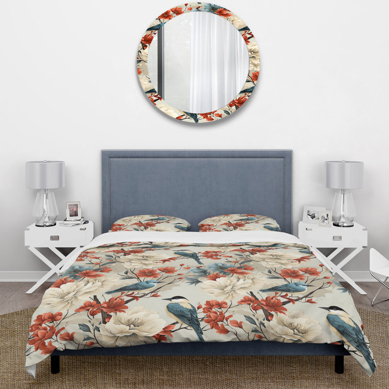Ensemble de housse de couette beige et rouge, Housse de couette pour grand lit et 2 taies décor