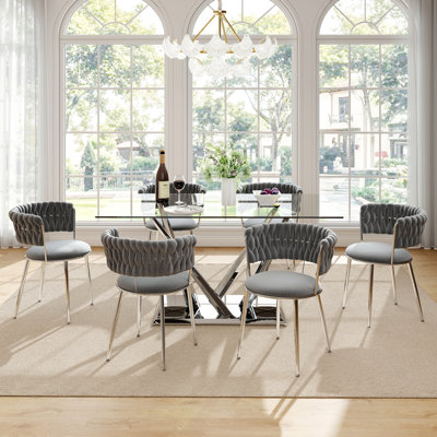 luxtury Rectangle Pedestal Dining Set with Weaven Velvet Dininig Chair