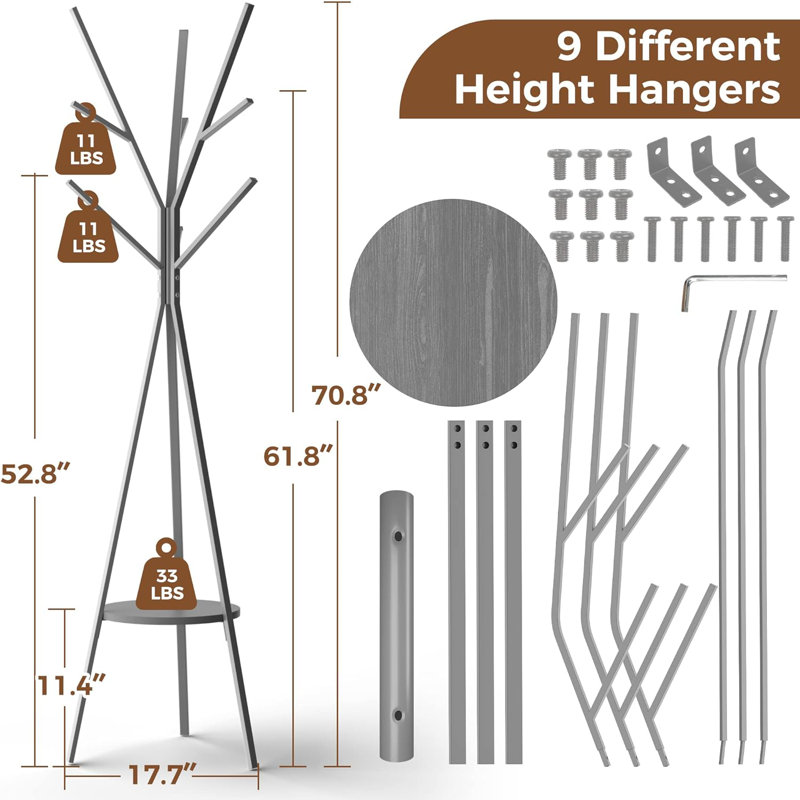Broadalbin Metal Freestanding 9 - Hook Coat Rack, Gray