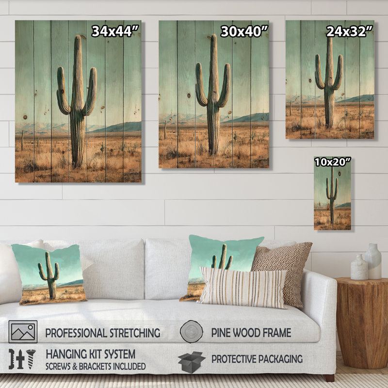 Saguaro Cactus And The Desert Sky III - Floral Cactus Wood Print - On Natural Pine Wood, 44" H x 34" W x 0.78" D