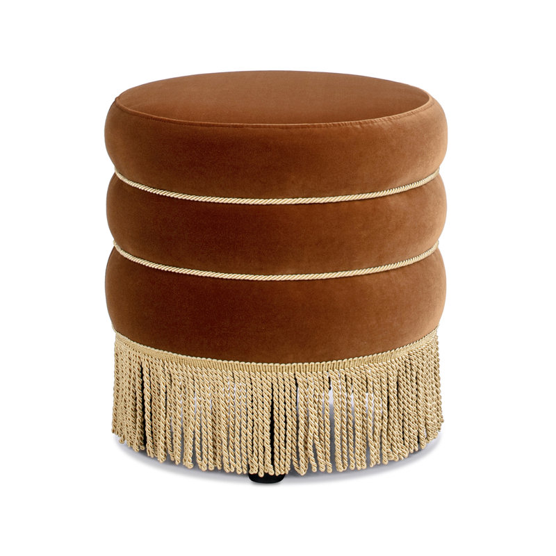 Edward 17.5" Round Upholstered Ottoman With Bullion Fringe, Orange