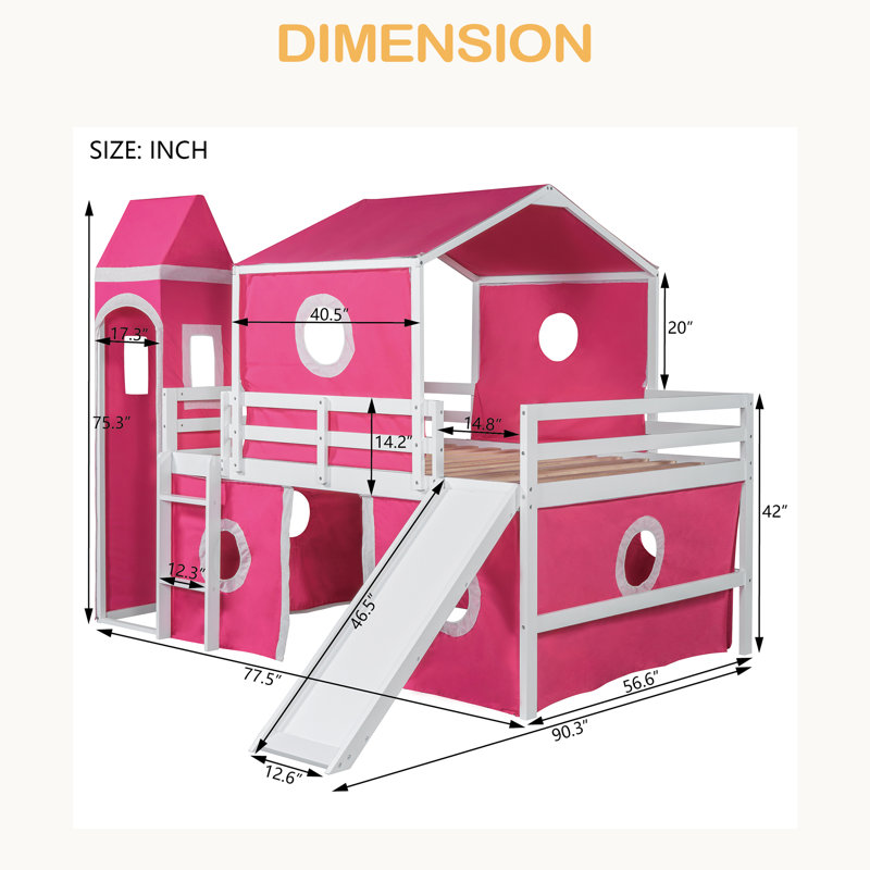 Lit mezzanine double avec tente coulissante et tour, Lit double, Rose