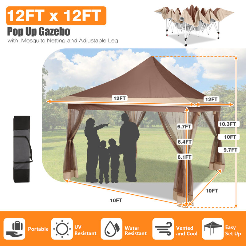 Pavillon de jardin imperméable 12 x 12 pi, tente escamotable , Kaki