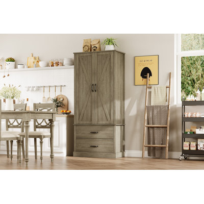 Armoire de rangement haute autoportante de style ferme moderne avec portes coulissantes de grange – Meuble de rangement avec étagères et tiroirs réglables – Organisateur de cuisine/salle à manger – Gris champêtre