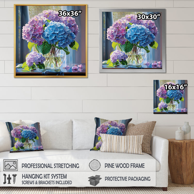 " Blue Purple Hydrangea Graceful Harmony II ", 36" H x 36" W x 1.5" D, Black Picture Framed