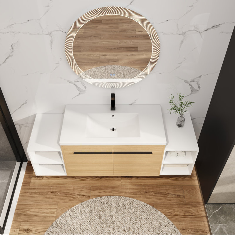 Meuble-lavabo de salle de bain avec lavabo en résine, fixation murale et deux tablettes de rangement, 36"