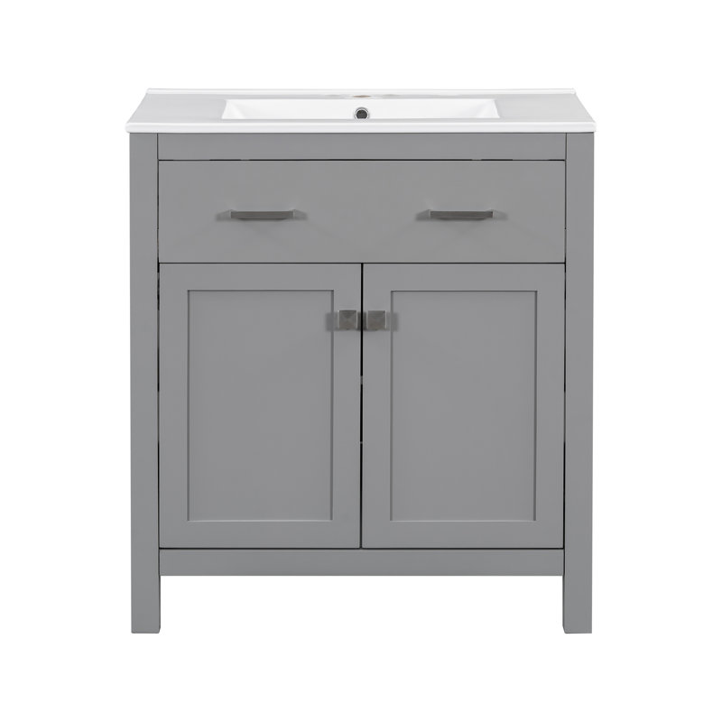 Meuble-lavabo moderne gris de 30 po. Lavabo en céramique et armoire à 2 portes. Fermeture en douceur. Offre un meuble-lavabo attrayant. Avec lavabo. Tiroir. Rehausse le style