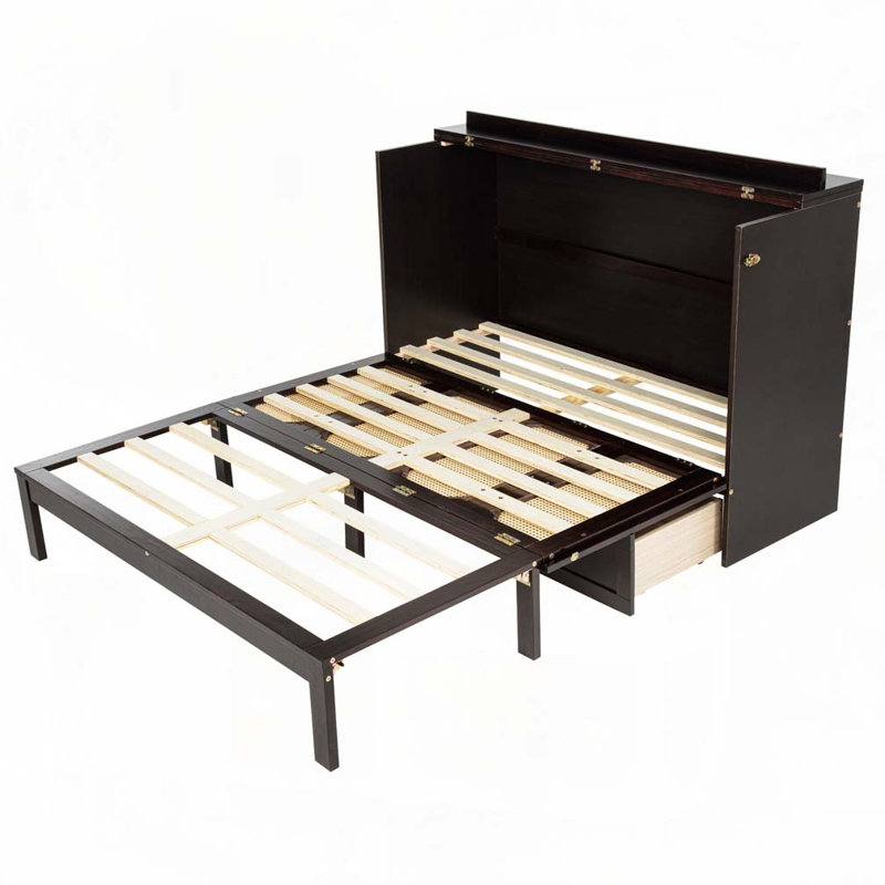 Lit escamotable, armoire en bois de pin avec centrale électrique et panneau de décoration en rotin, Espresso