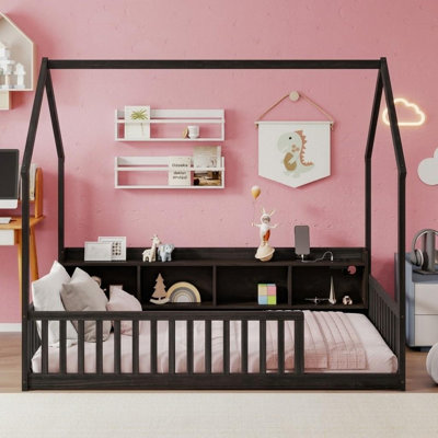 Lit maison avec tablettes de rangement, garde-corps et lumières à DEL intégrées, cadre de lit pour tout-petit en bois de pin avec station de charge, simple et double