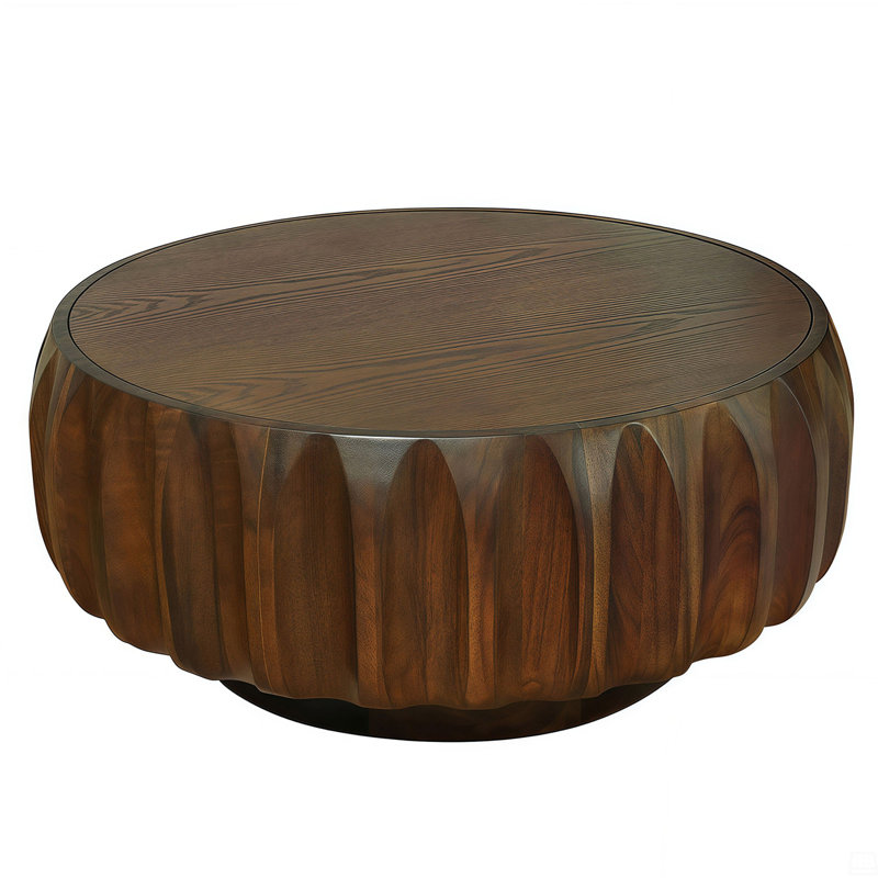 Round Solid Wood Carved Coffee Table, Brown
