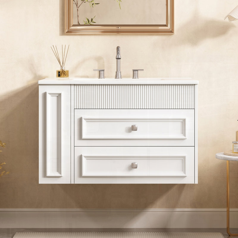 Meuble-lavabo mural moderne avec tiroirs en céramique, Blanc