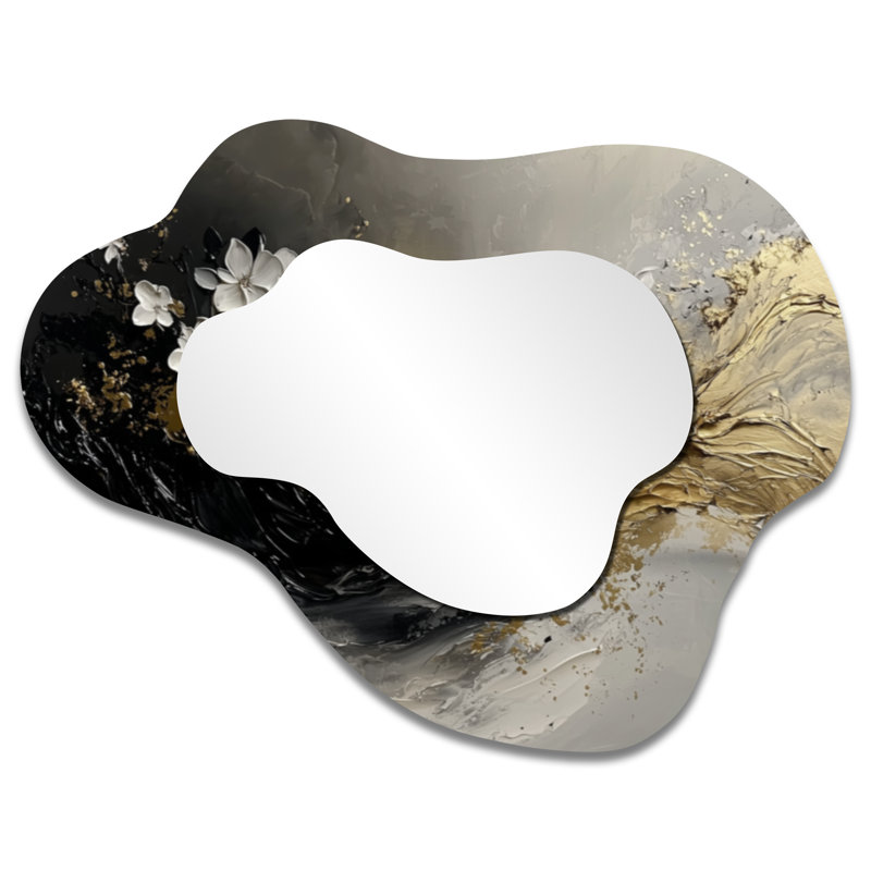 Fugue abstraite dorée et noire en couleur I - miroir asymétrique abstrait irrégulier, miroir mural moderne, imprimé sur métal