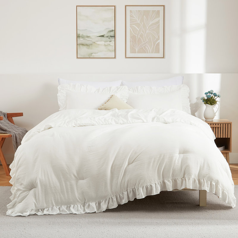 3 Piece Pink Ruffled Comforter Set, Soft Microfiber All Season Bedding, Vintage French Country Style, White