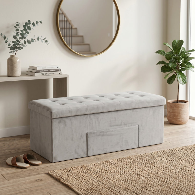 Winningham 42" Tufted Upholstered Folding Storage Bench With Pocket, Light Gray