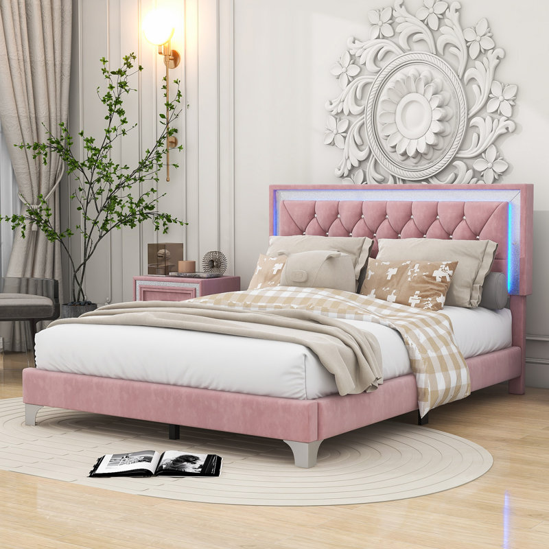 Grand lit tapissier avec lumières DEL Harsukh, Rose