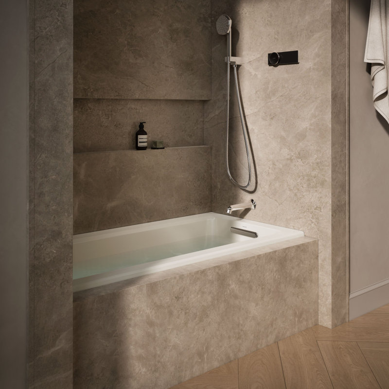 Archer Alcove Bath with Bask Heated Surface, Tile Flange and Right-Hand Drain, Biscuit, Right