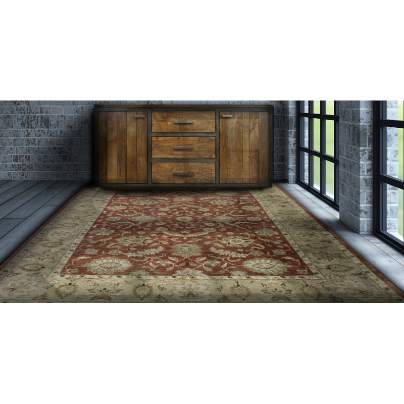 Tapis oriental ivoire / rouge en laine noué à la main 9 pi x 12 pi Nixon