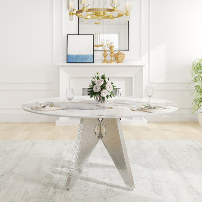 Table de salle à manger en marbre 59,05 "avec base en acier inoxydable argenté, marbre artificiel pour 6 à 8 personnes, table de salle à manger / salon (table de salle à manger seulement)