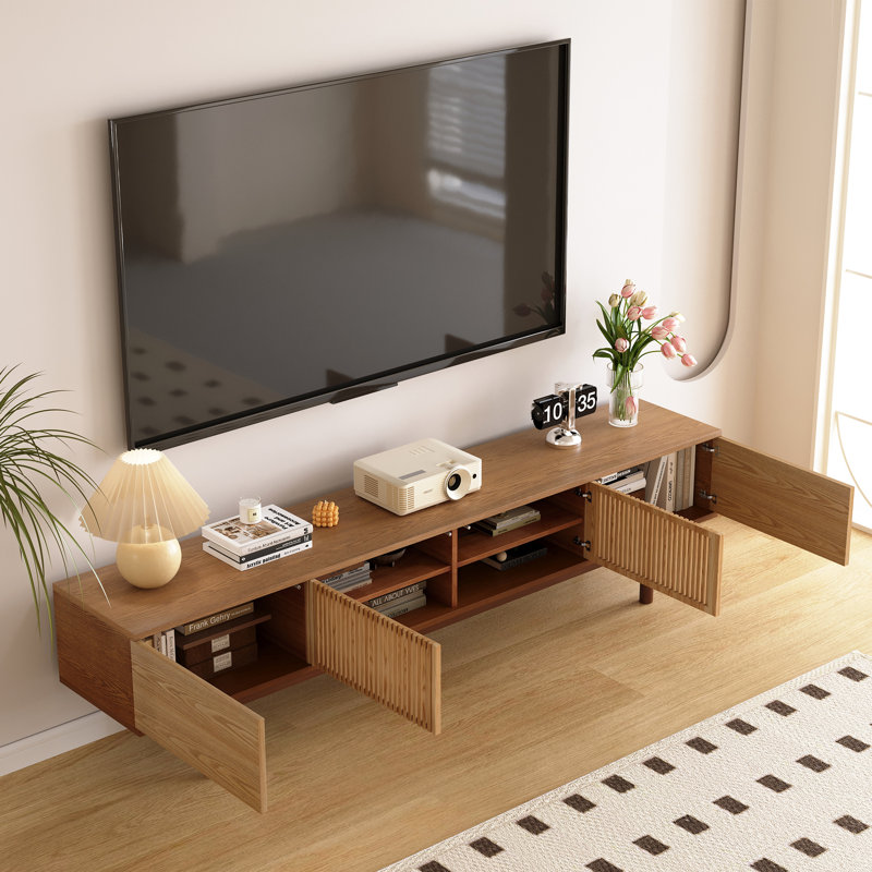 Meuble télé 86,6 po en bois massif, console média avec espace de rangement, couleur naturelle