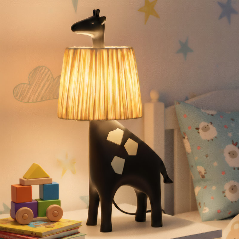 Lampe de table à girafe moderne avec abat-jour en raphia tissé à la main, base en résine, 3 lumières à DEL intégrées, Noir