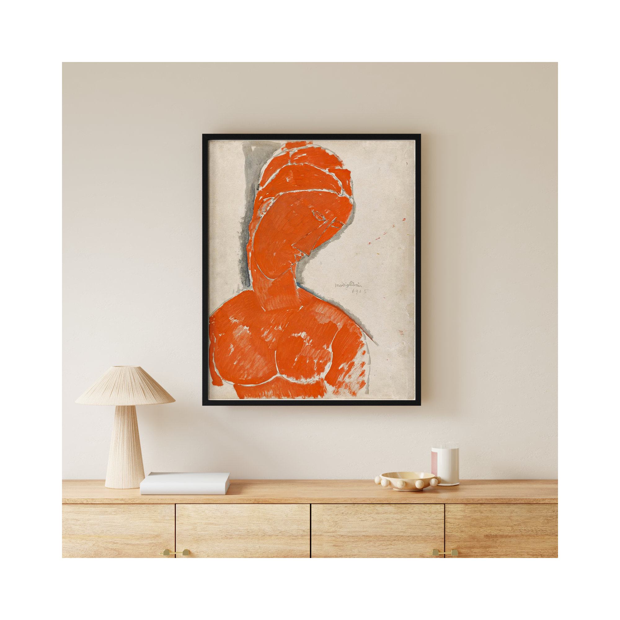 Female Bust in Red by Amedeo Modigliani Wood Framed Wall Art Print, 41" H x 31" W, Black
