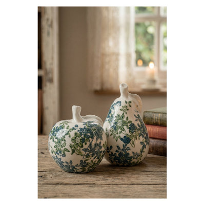 Set of 2 Floral Ceramic Pear and Apple Decor - Blue, Cream, and Green Crackled Finish Sculptures