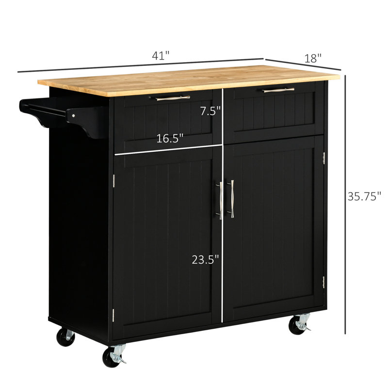 Chariot pour îlot de cuisine roulant 41 po, noir pour chariot de rangement, avec tiroirs et armoire fermée