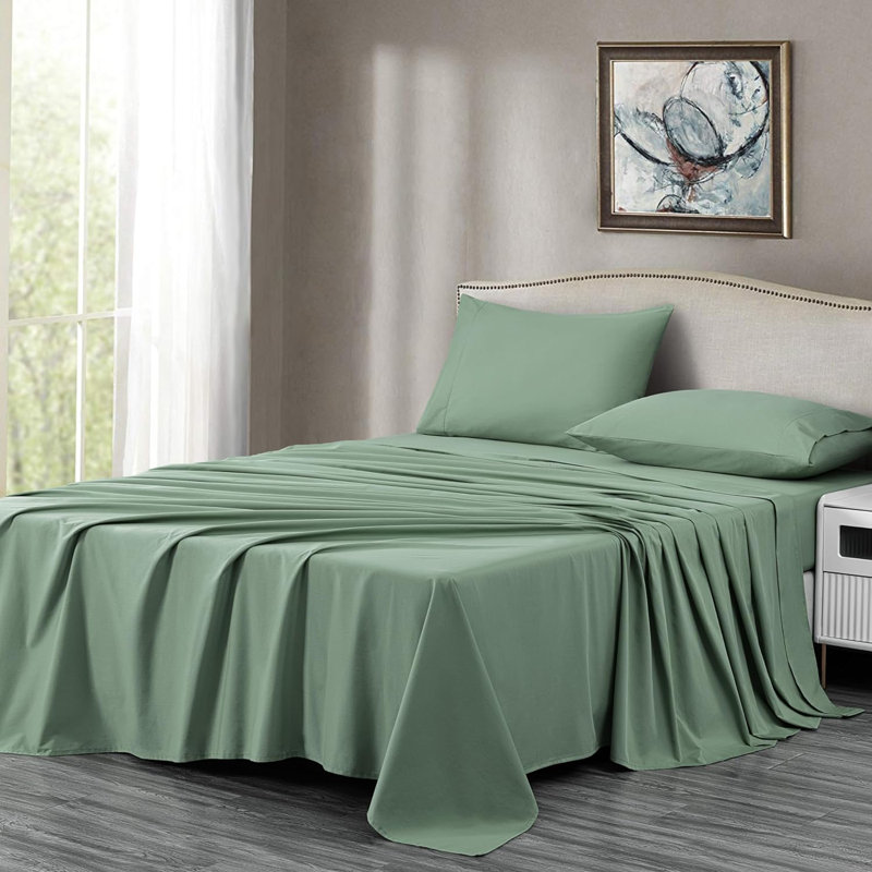 100% Cotton Twill Sheet Set, King Sheet Set with 2 Pillowcases, Sage Green