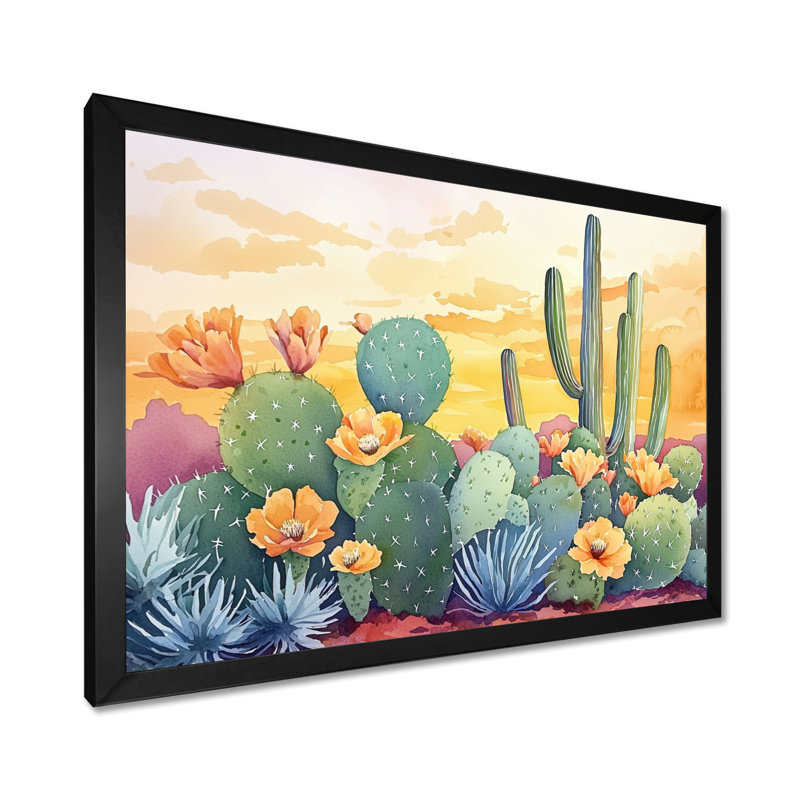 Cactus paysage au coucher du soleil II, Picture Framed Print, Noir, H 12 po x l 20 po