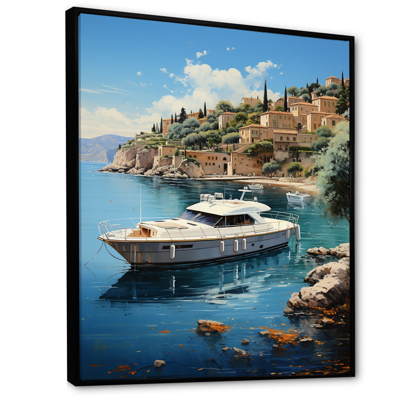 Yacht sur la côte d'azur sur toile, Cadre flottant noir, H 40 po x l 30 po x P 1,5 po