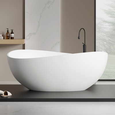 KAKUSIGA 63" Freestanding Deep Soaking Bathtub, Matte White Solid Surface Stone Resin Tub with Overflow and Pop-up Drain