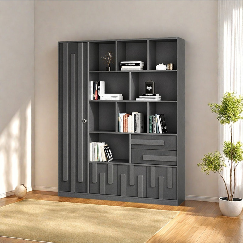 Bibliothèque de rangement de style chinois, Gris, (7 tablettes) H 78,74 po x l 70,87 po x P 13,78 po