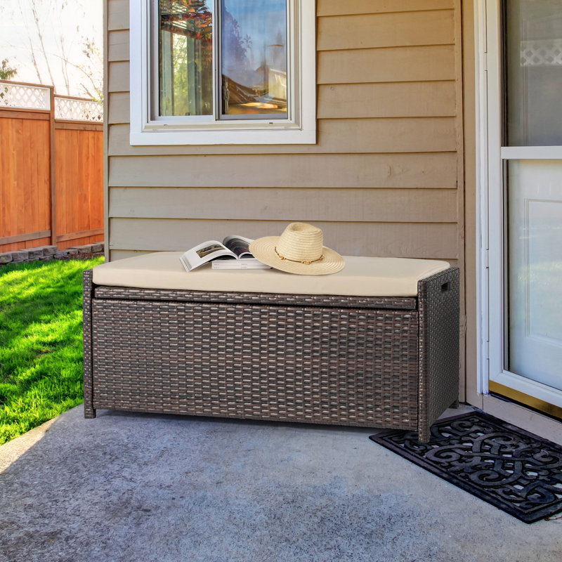 Tabatha PE Wicker Outdoor Patio Storage Bench with Cushion, Beige
