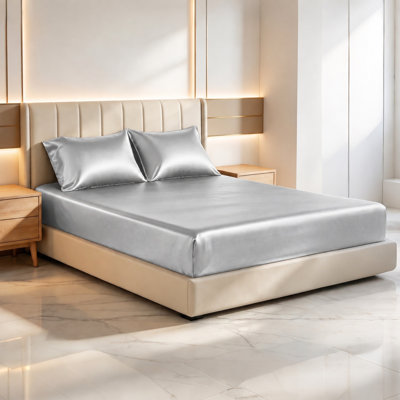 Satin Queen Sheets Set - 3 Piece Gray Silky Bed Sheets Set with 17-Inch Deep Pocket, Luxury Silk Feel Satin Queen Size Sheet Set