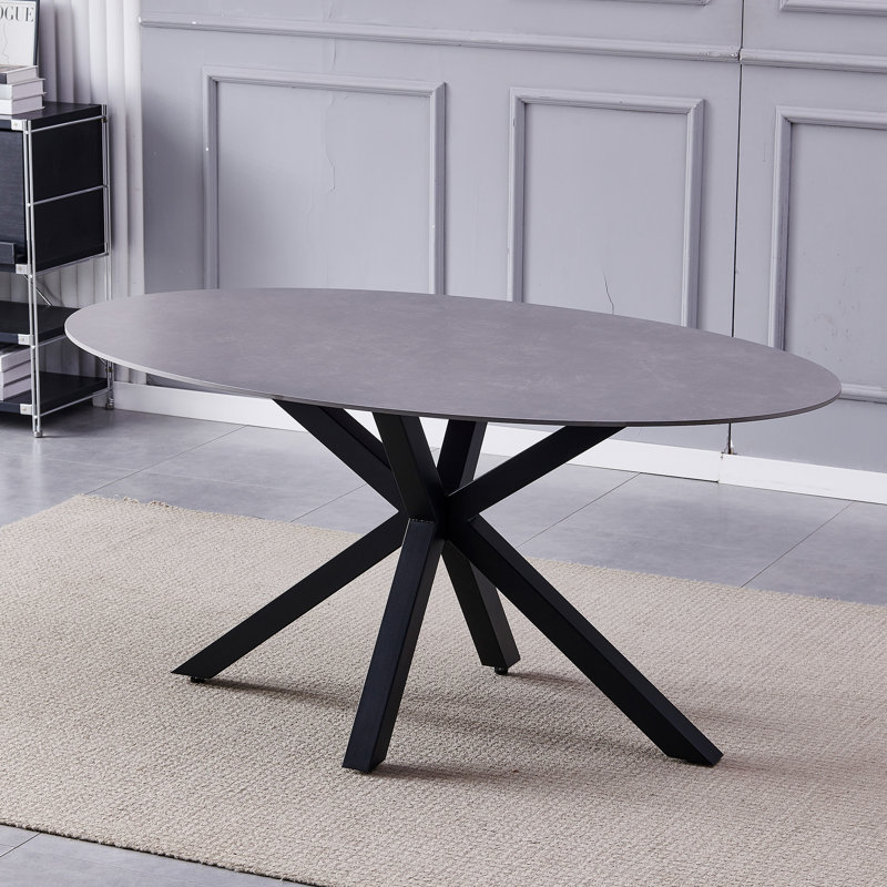 Oval Stone Top Metal Base Dining Table, Grey