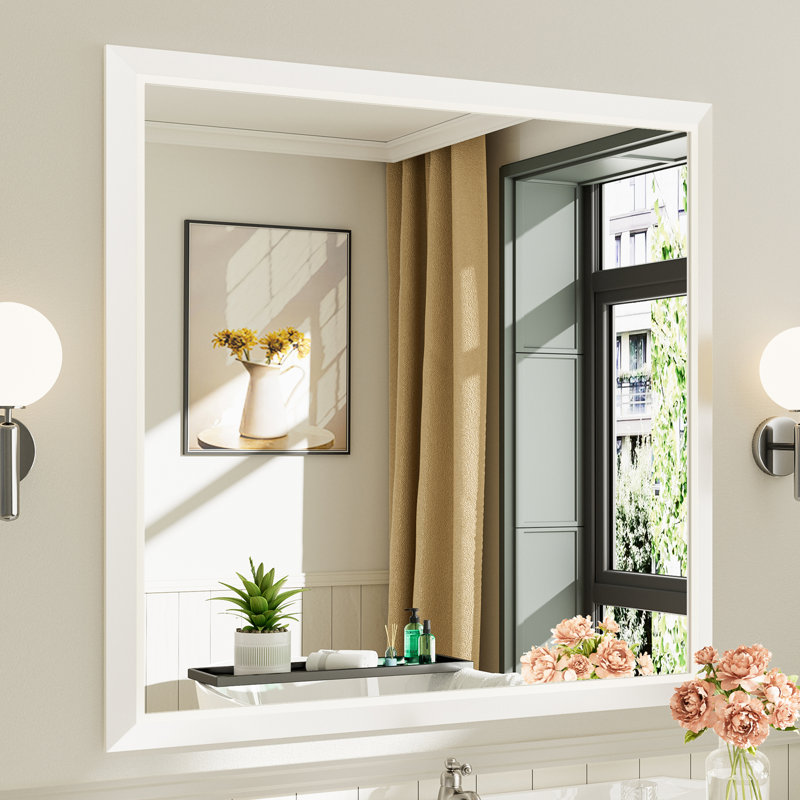 Miroirs de salle de bain modernes et contemporains en métal biseauté rectangulaire / carré avec verre trempé HD, Blanc