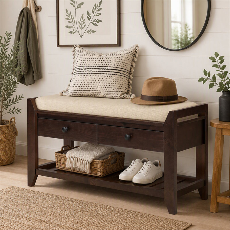 Étagère à chaussures TREXM avec siège rembourré et tiroirs, banc de rangement multifonctionnel pour entrée, Brun / look rétro