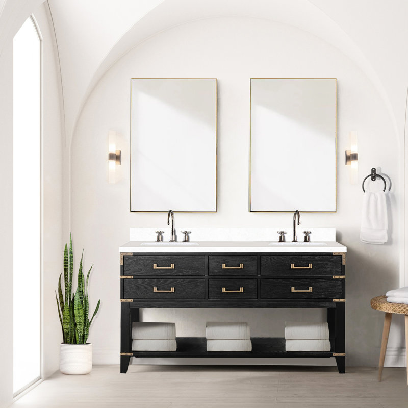 Meuble-lavabo double en chêne noir 60 po X P 22 po avec quartz blanc - structure en bois massif, fermeture en douceur, tablette supérieure ouverte