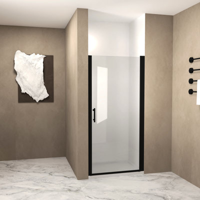 Porte de douche pivotante 72 po avec verre trempé de 6 mm, cadre en aluminium noir mat, poignée en acier inoxydable, film, bande de blocage de l'eau surélevée, porte battante pour salle de bain de 30 po x 72 po, amortisseur transparent de 6 mm de 1/4 po