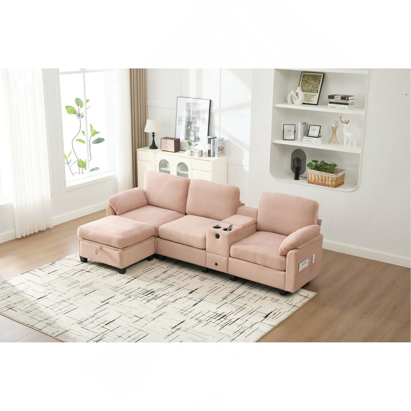 Canapé en velours côtelé multifonctionnel de type L: conception segmentée à 4 places avec porte-gobelet / USB / boîte de rangement, équipé d'une console mobile et d'un espace de rangement de style repose-pieds, optimisé pour