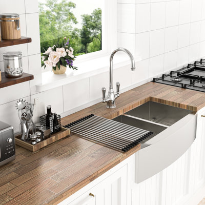 36 - Inch Double Bowl 50/50 Apron Front Kitchen Sink 16 Gauge T304 Stainless Steel, 9 Deep Basins, X Shaped Drainage With Easy Clean, Coating For Condensation Prevention, Includes Installation Guide