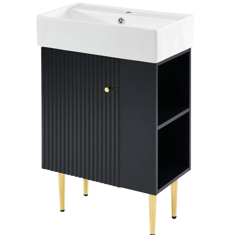Armoire de salle de bain 21,6 po avec lavabo en céramique et meuble-lavabo à droite, Noir